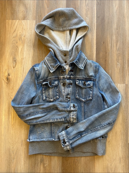 Free People Jackets & Blazers - Free People Light Blue Denim Jacket with Gray Hood